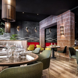Aleta design armchair with armrests by Viccarbe in a restaurant| Aiure