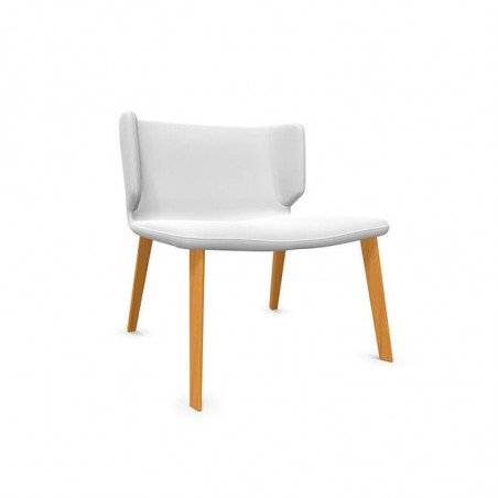 Designer armchair with wooden legs Wrapp by Viccarbe white colour, cognac base| Aiure