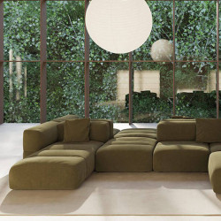 Different combinations of the beige sofa from Viccarbe's Savina collection in an open space| Aiure