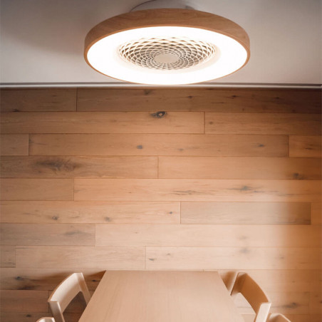 Tibet white and wood ceiling fan Tibet installed over a table by Mantra | AiureDeco