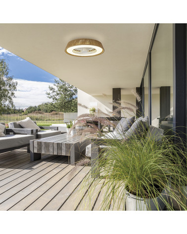 Ceiling fan with LED light Polinesia Natural Mini on an outdoor terrace | Aiure