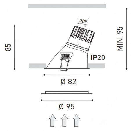 Dimensions of the Swap M Asymmetric downlight 7W IP20 by Arkoslight | Aiure