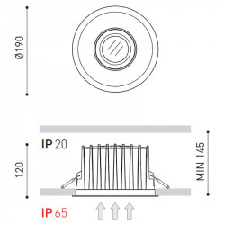 Dimensional drawing of the Arkoslight Duomo IP65/20 downlight | Aiure
