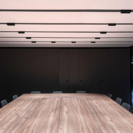 Several black ceiling lamps Black Foster Surface by Arkoslight in a conference room | Aiure