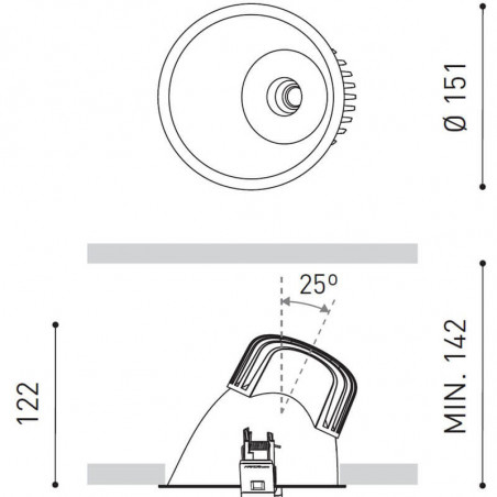 Dimensions of the 10W and 17W LED downlight Lex Eco Asymmetric Blue by Arkoslight | Aiure