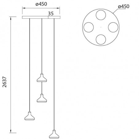 Dimensiones de la lámpara colgante con 4 luces de la serie Antares de Mantra | Aiure
