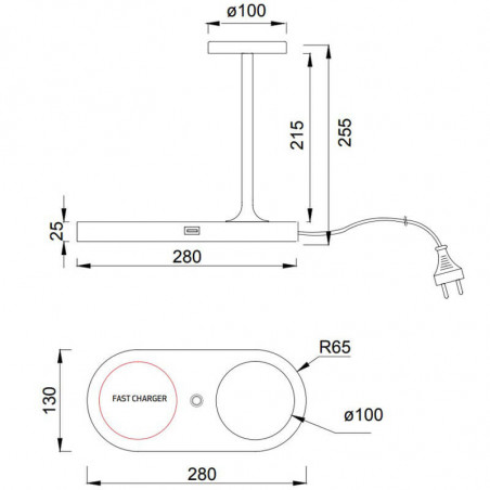 Dimensiones de la lámpara de mesa negra con cargador de móvil Ceres de Mantra | Aiure
