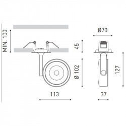 Dibujo dimensional del foco orientable Six L Recessed de Arkoslight | Aiure