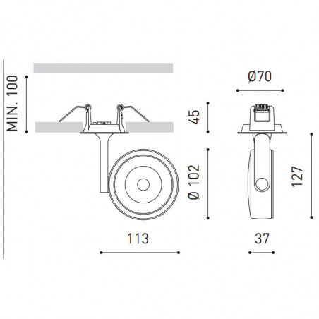 Dibujo dimensional del foco orientable Six L Recessed 24,5W de Arkoslight | Aiure