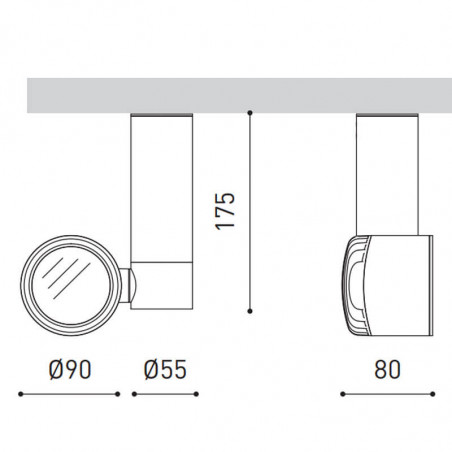 Dibujo de las medidas del foco LED Zen Tube Surface de Arkoslight | Aiure