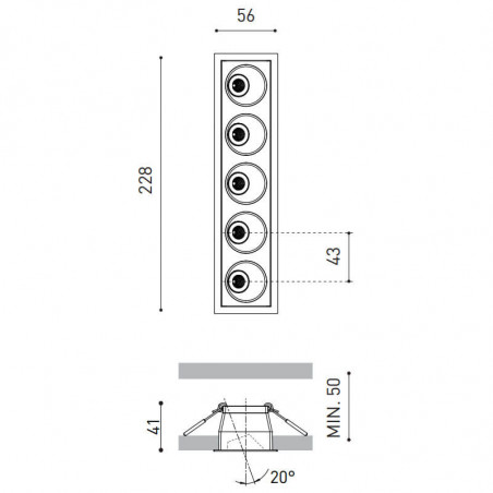 Dibujo dimensional del downlight LED Black Foster Asymmetric Recessed 5 de Arkoslight | Aiure