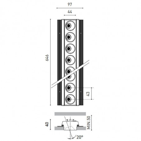Dibujo dimensional del downlight LED Black Foster Asymmetric Trimless 15 par Arkoslight | Aiure