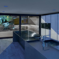 Downlight LED Lex Eco Asymmetric Blue encendido en el techo de una cocina - Arkoslight | Aiure