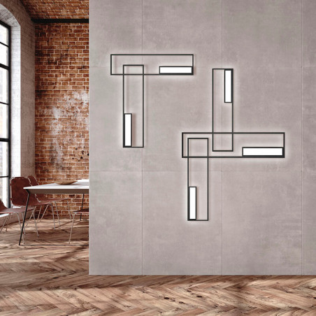 5 apliques rectangulares negros sobre una pared. Serie Boutique de Mantra | Aiure