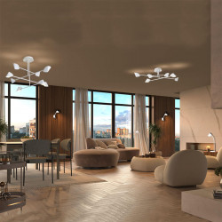 Lámpara colgante minimalista con 8 luces Capuccina de Mantra blanca instalada en el techo de un salón| Aiure