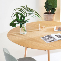Table circulaire design Maarten de Viccarbe dans une salle | Aiure