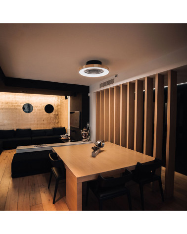 Ventilateur de plafond Tibet finition bois noir dans un salon | AiureDeco