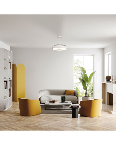 Ventilateur de plafond Coin LED avec lames rétractables dans un salon | Aiure